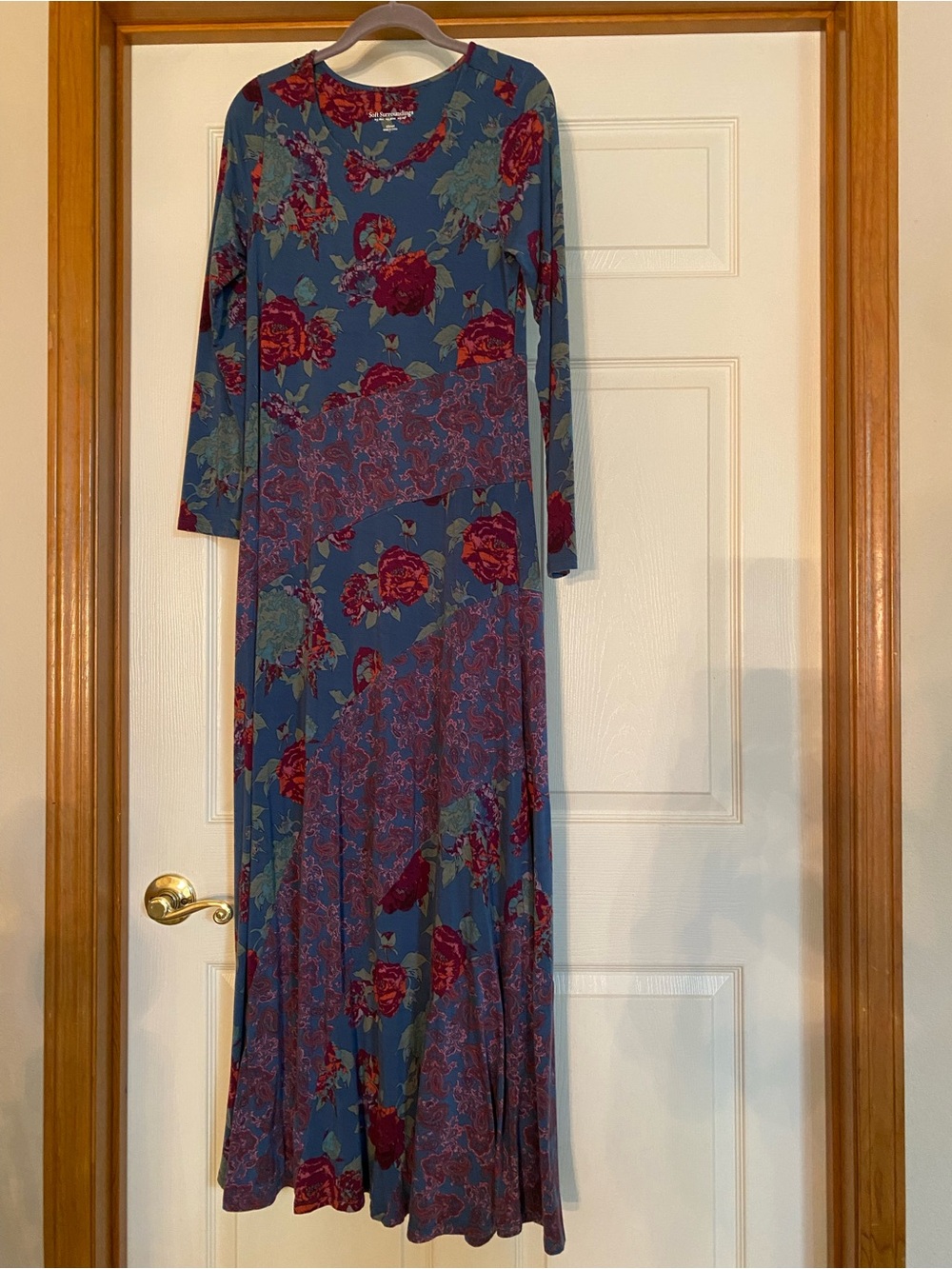 Soft Surroundings Bias Cut Scoop Neck Floral Maxi in Teal, Burgundy and Olive XS